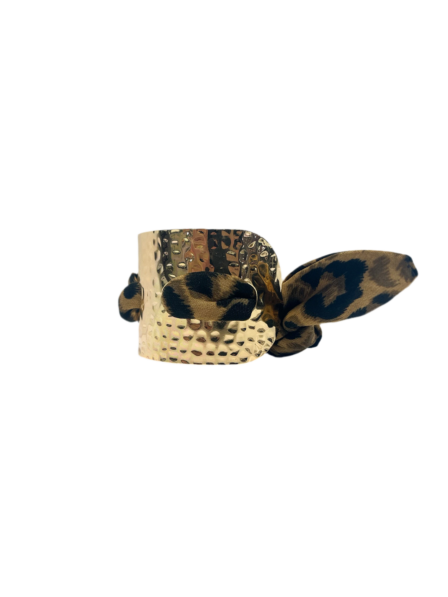 Gold hammered metal bangle bracelet with printed tie