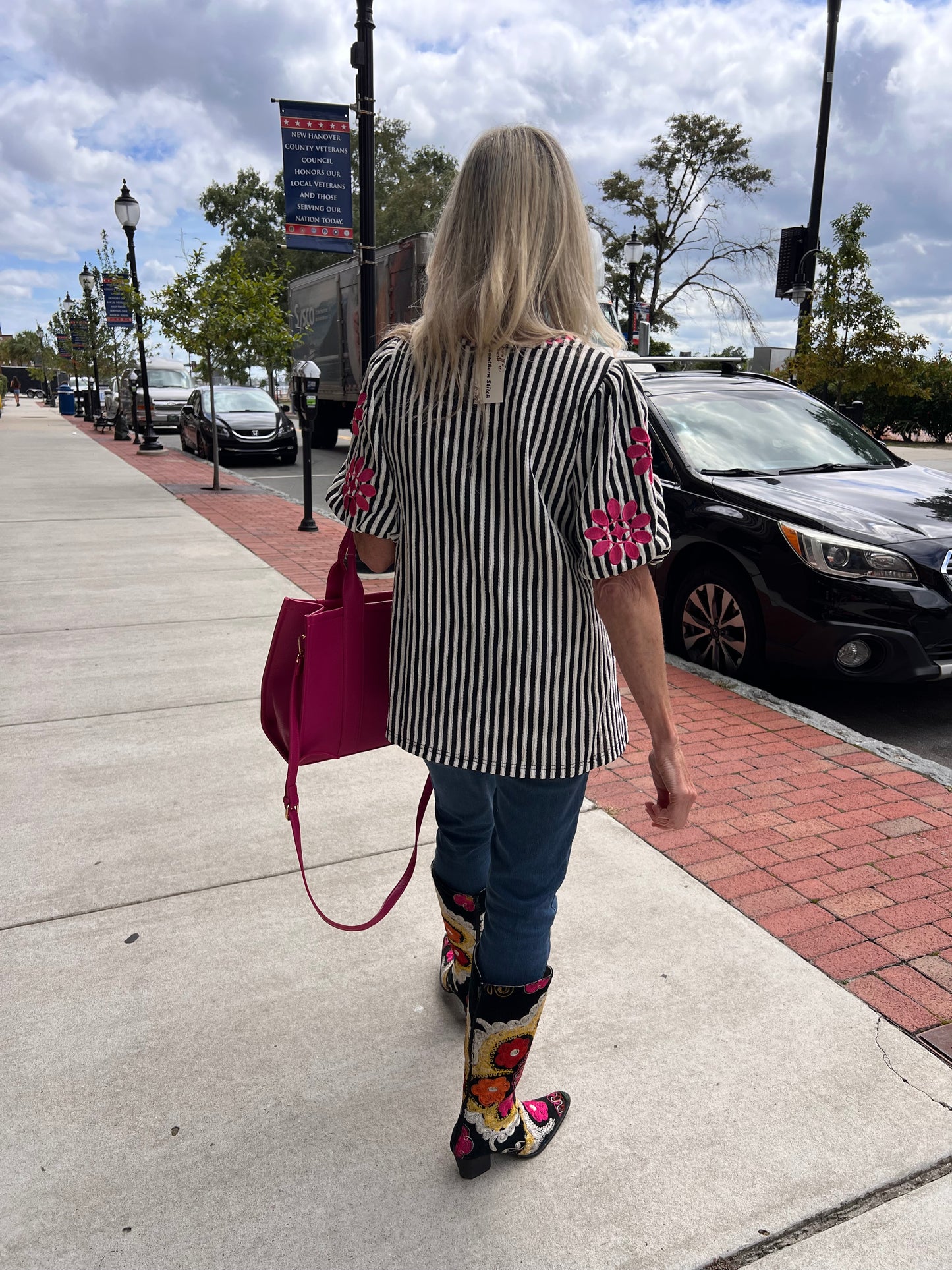 Knitted Striped Floral Sleeve Top