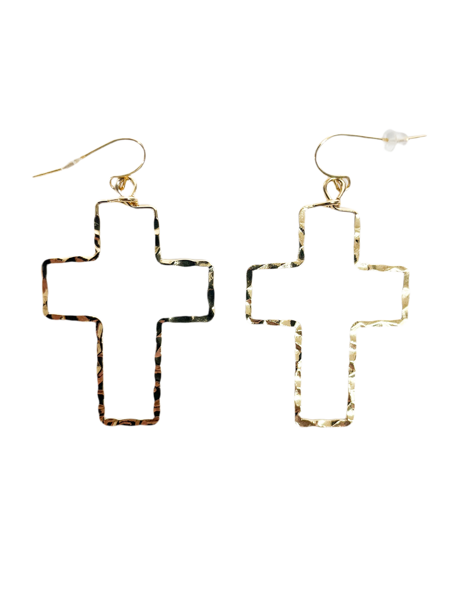 Gold hammered metal cross earrings