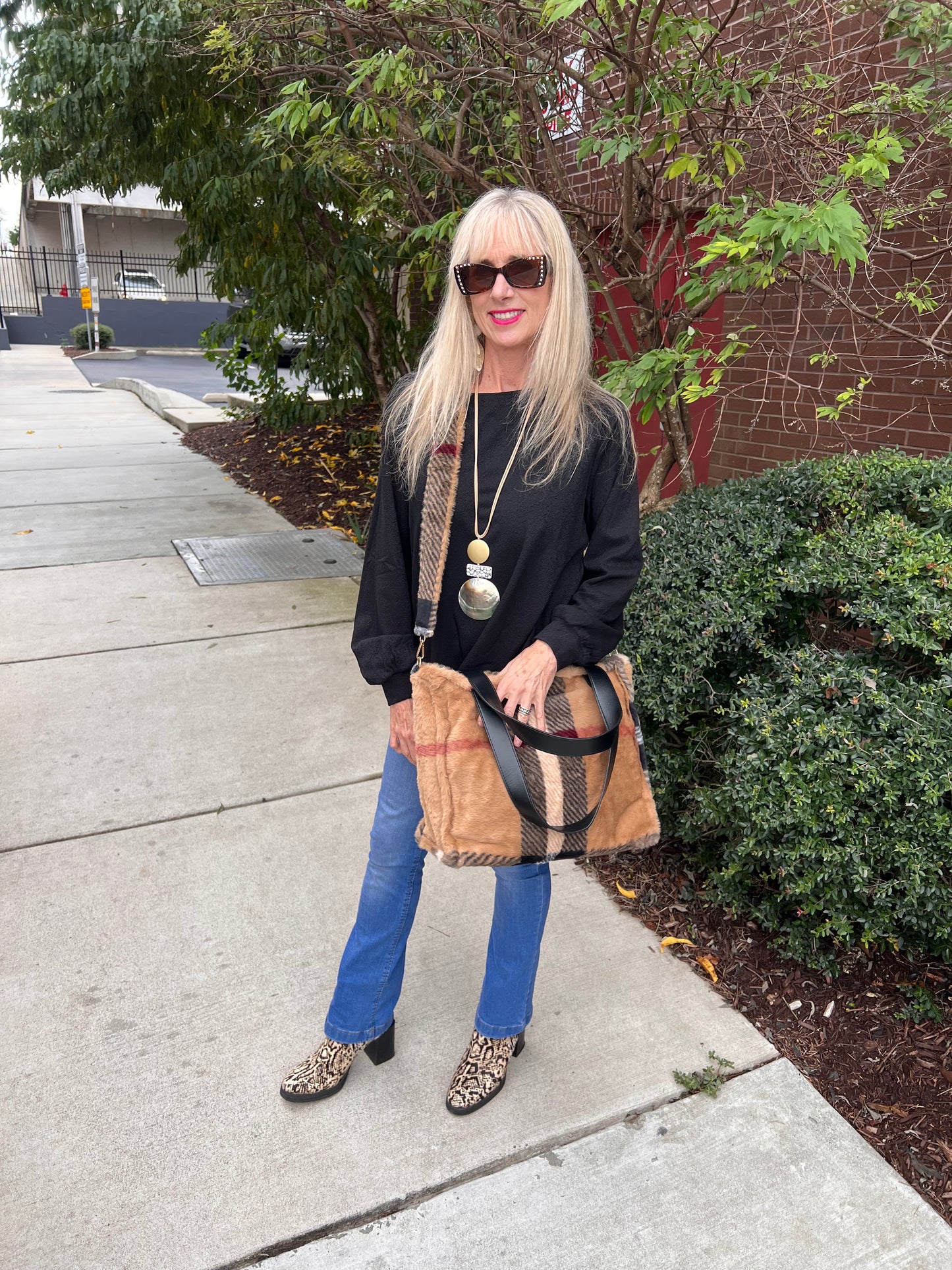Fluffy Faux Fur Plaid Tote Bag