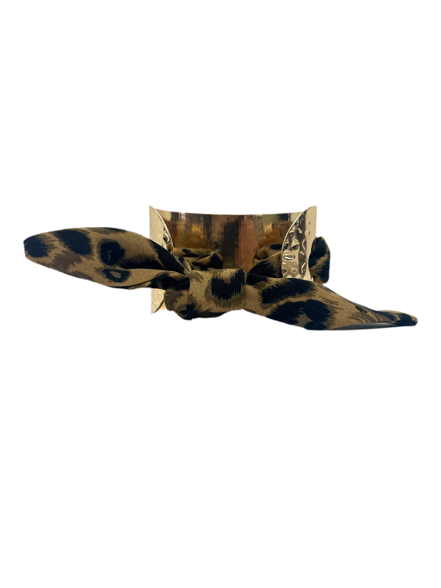 Gold hammered metal bangle bracelet with printed tie