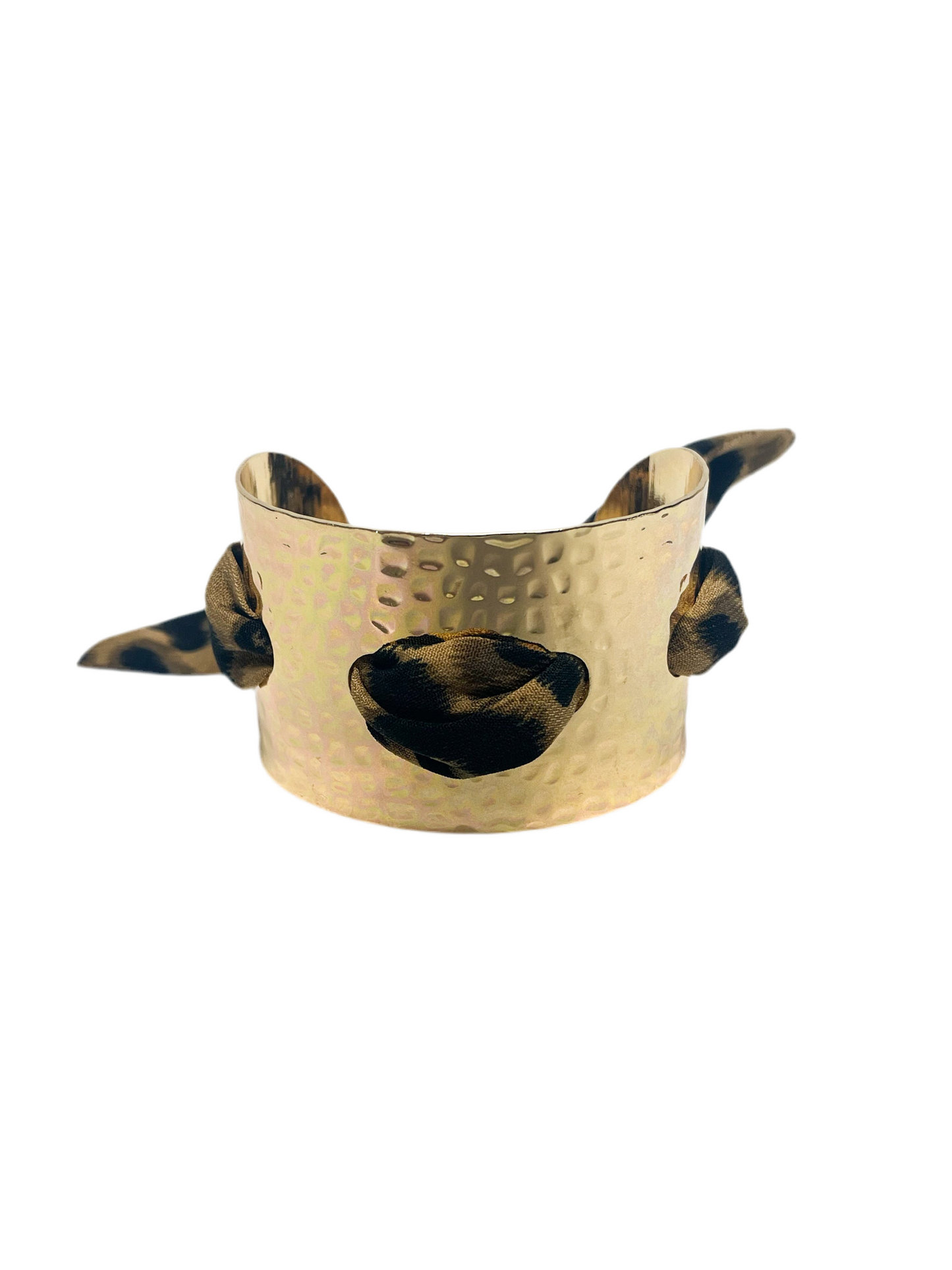 Gold hammered metal bangle bracelet with printed tie