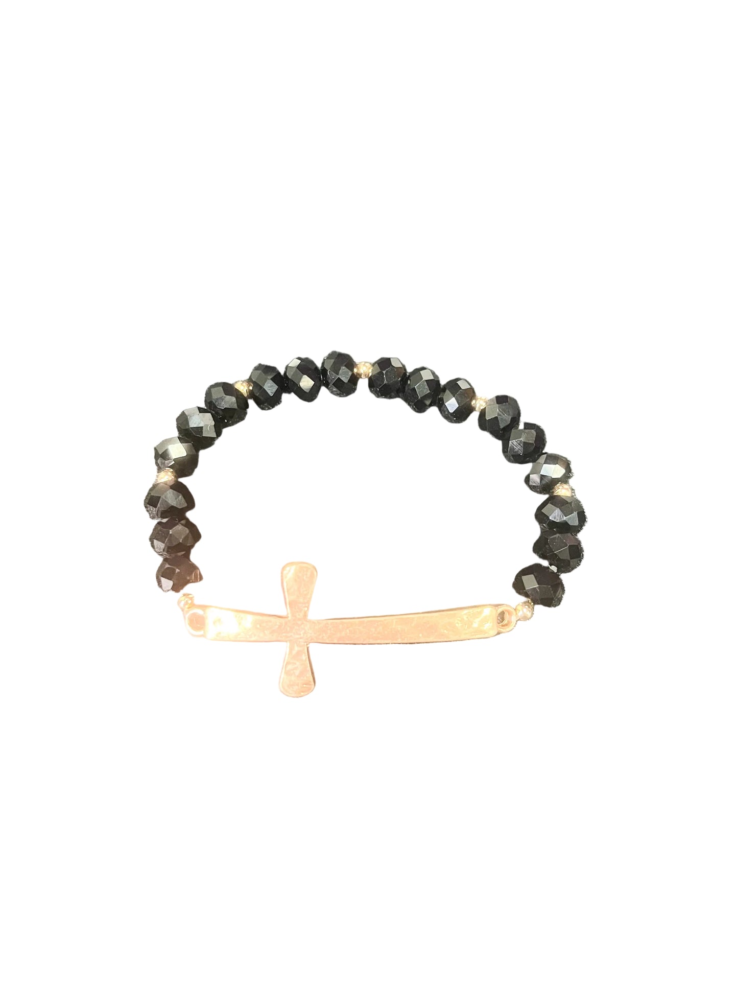 Hammered cross black stretch bracelet