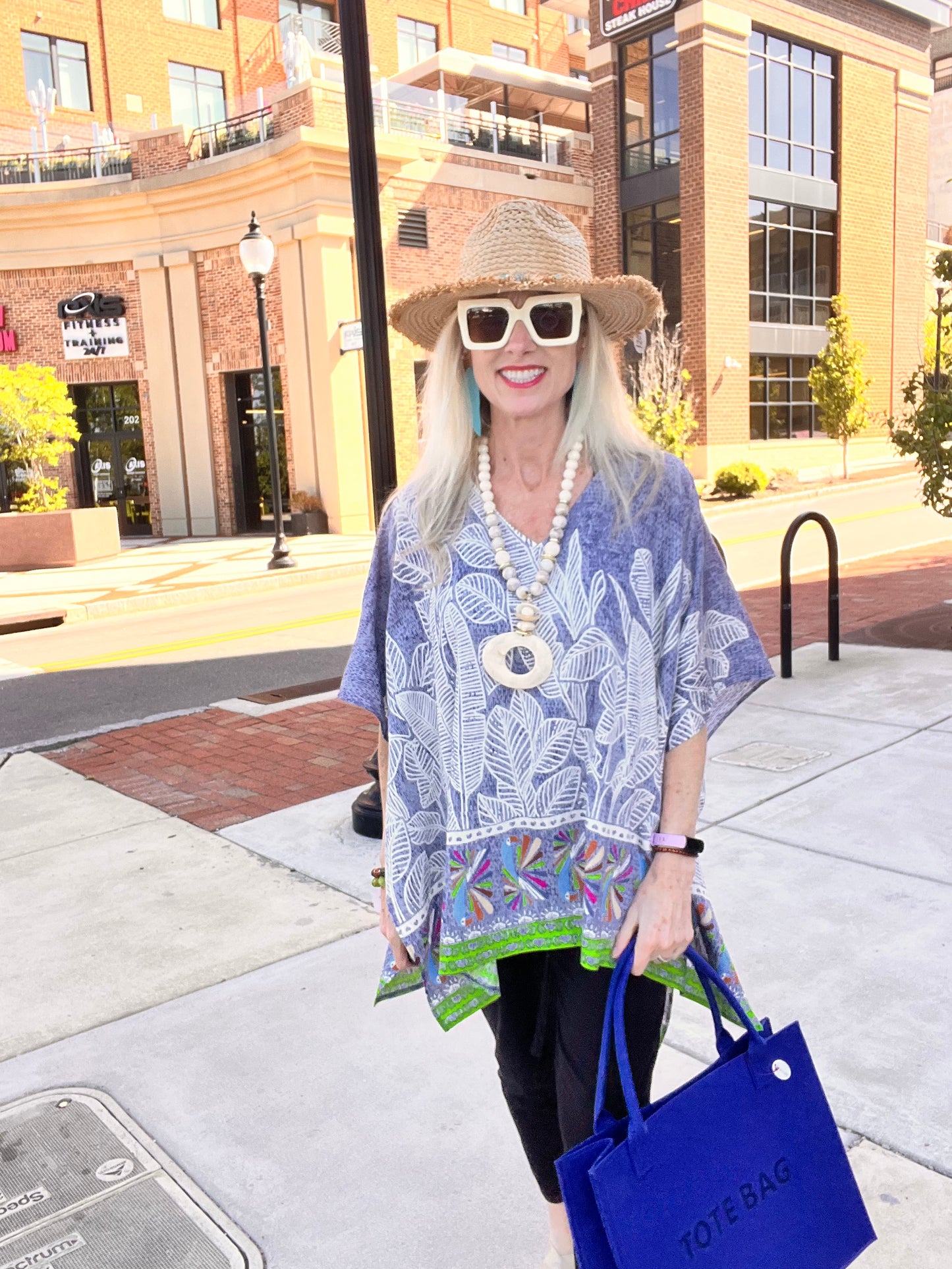 Blue Leaf Print Cover Up Poncho