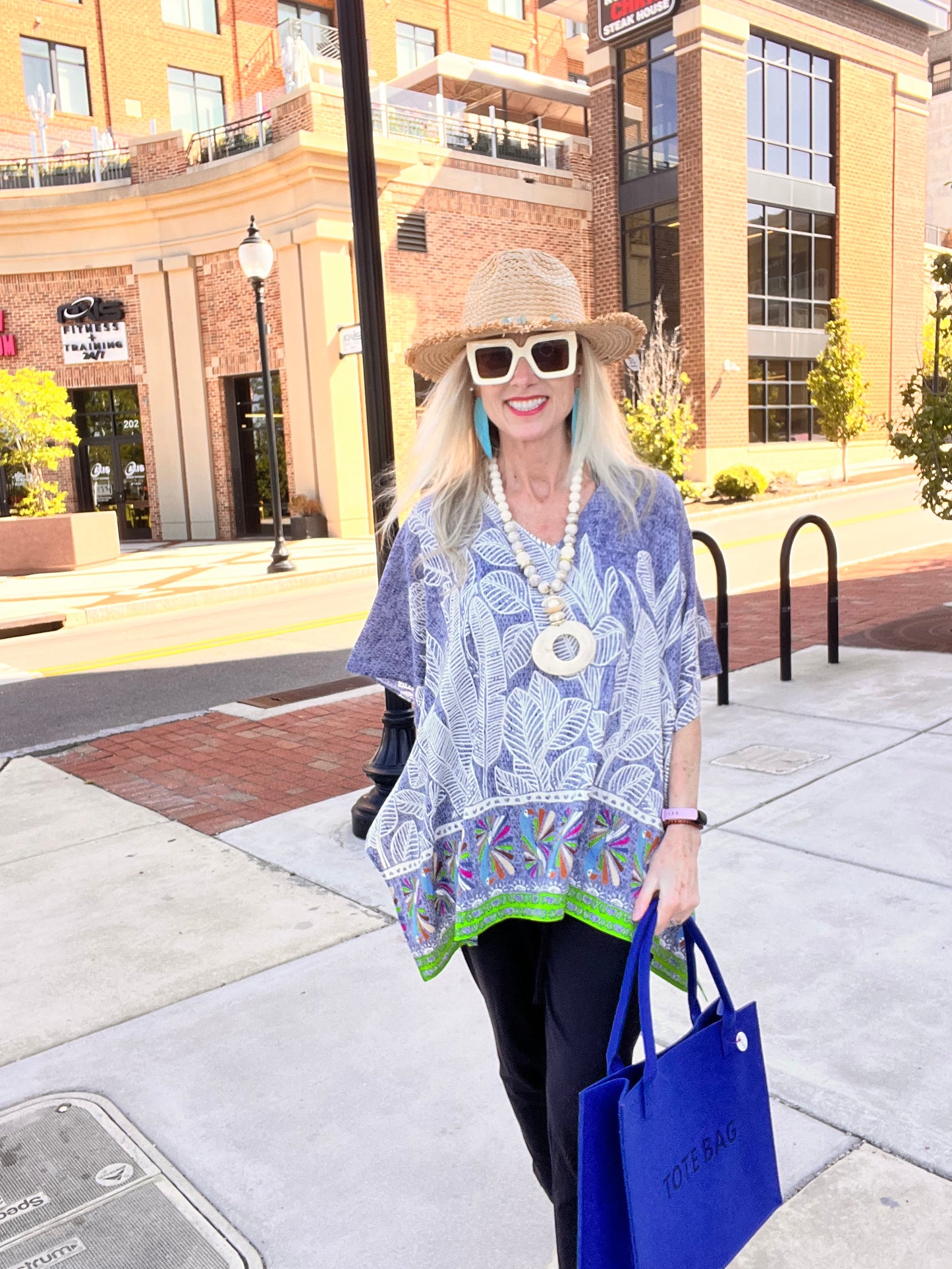 Blue Leaf Print Cover Up Poncho