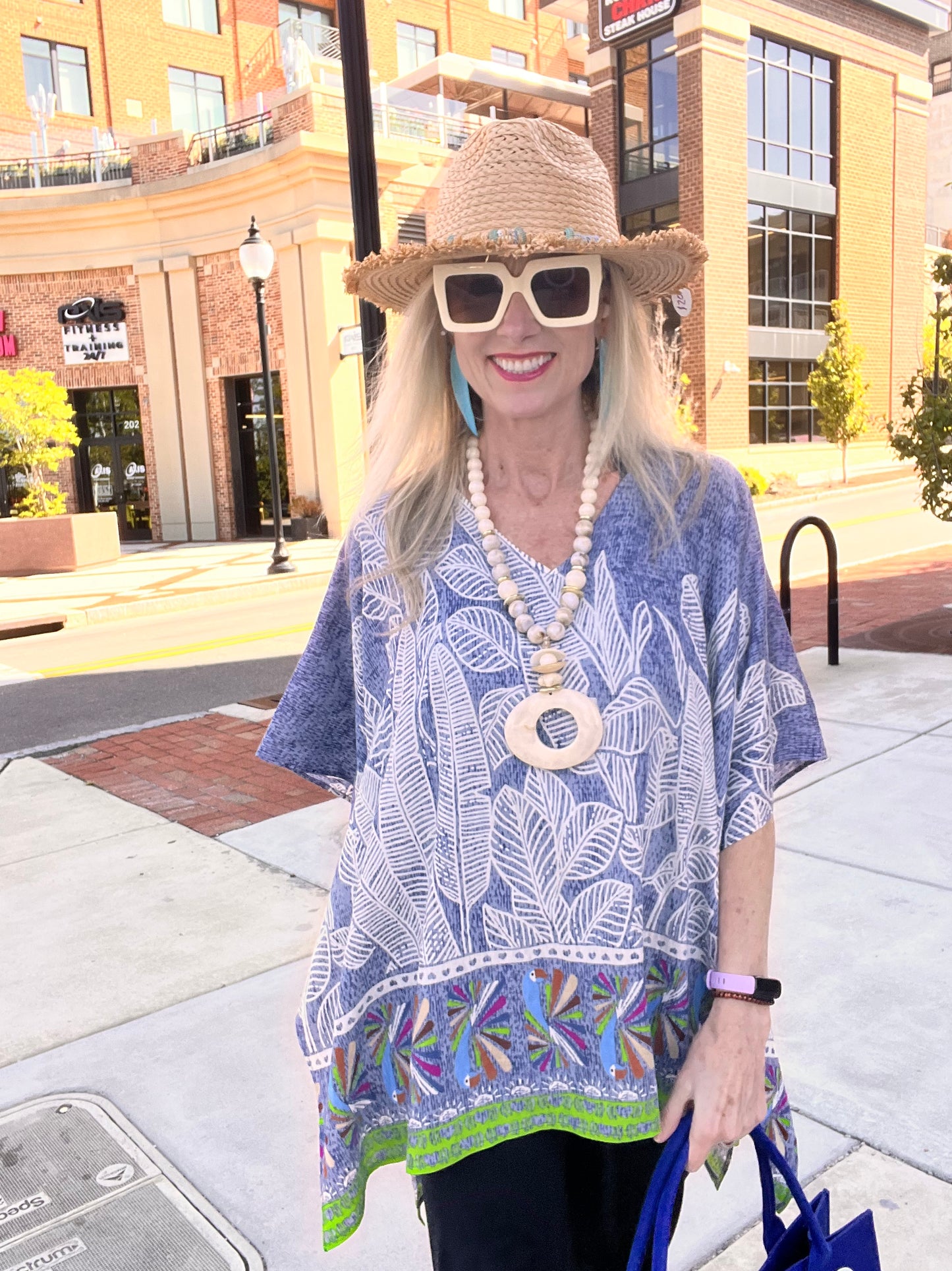 Blue Leaf Print Cover Up Poncho