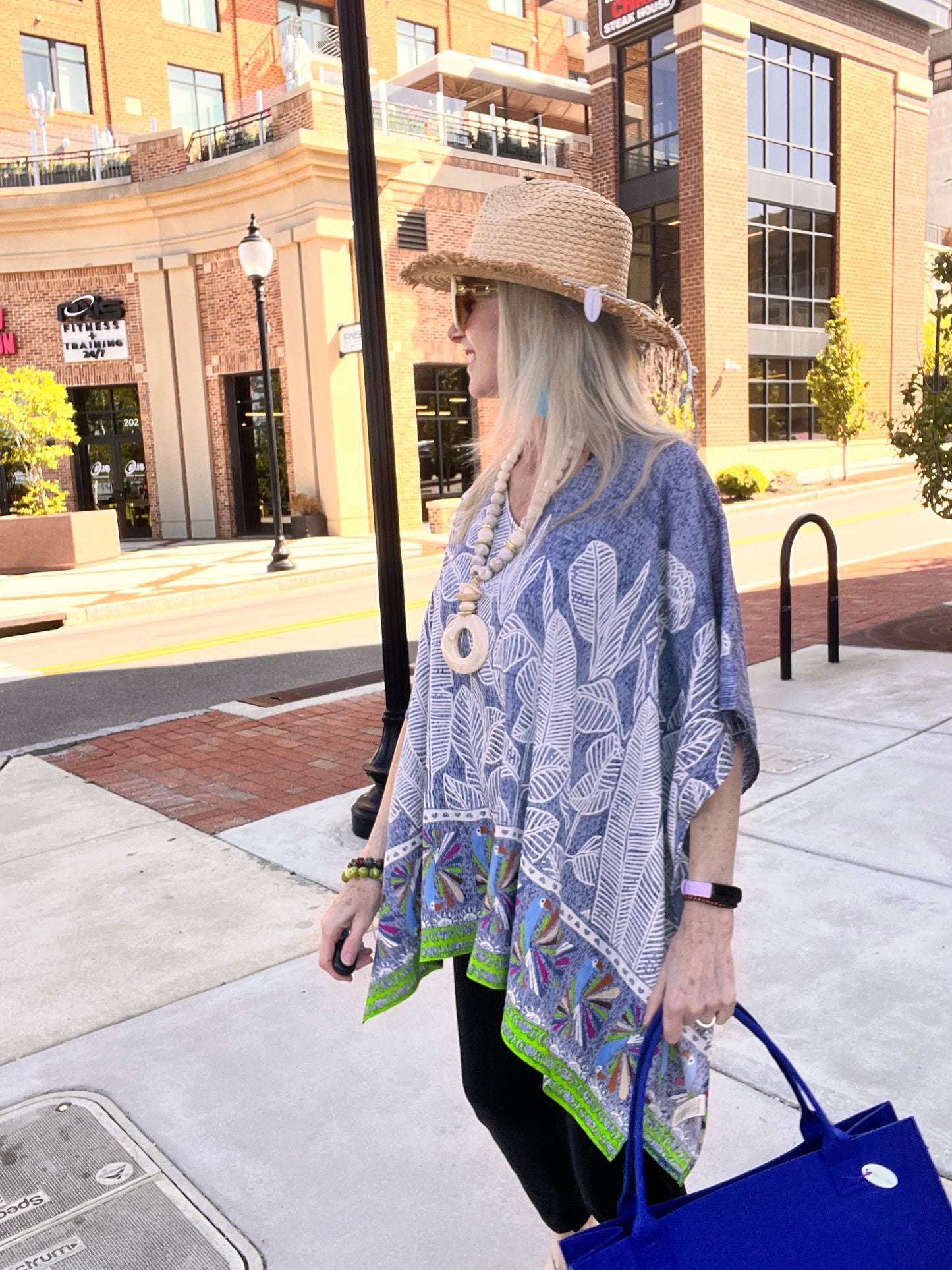 Blue Leaf Print Cover Up Poncho