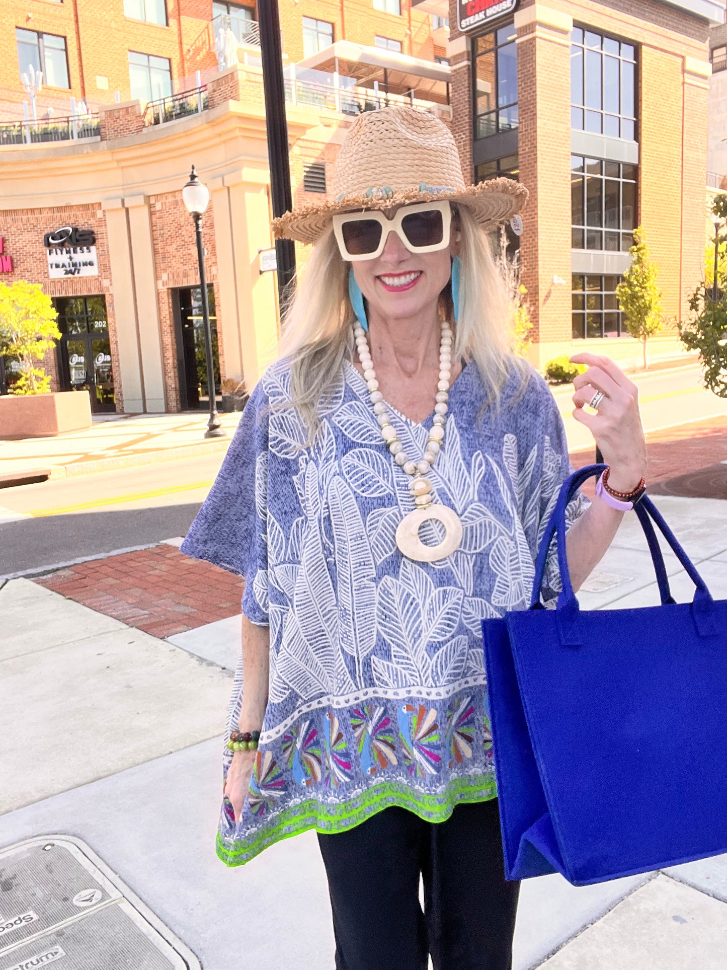 Blue Leaf Print Cover Up Poncho