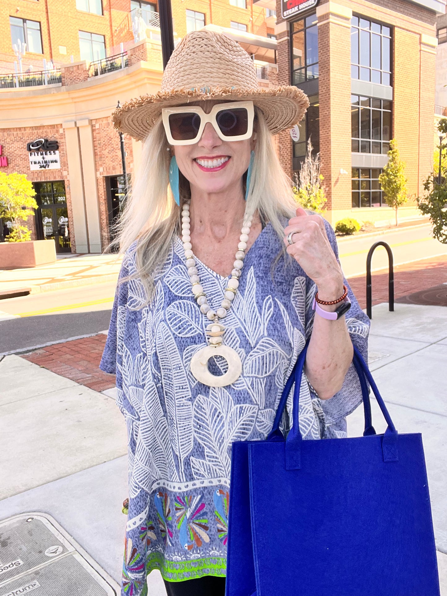 Blue Leaf Print Cover Up Poncho