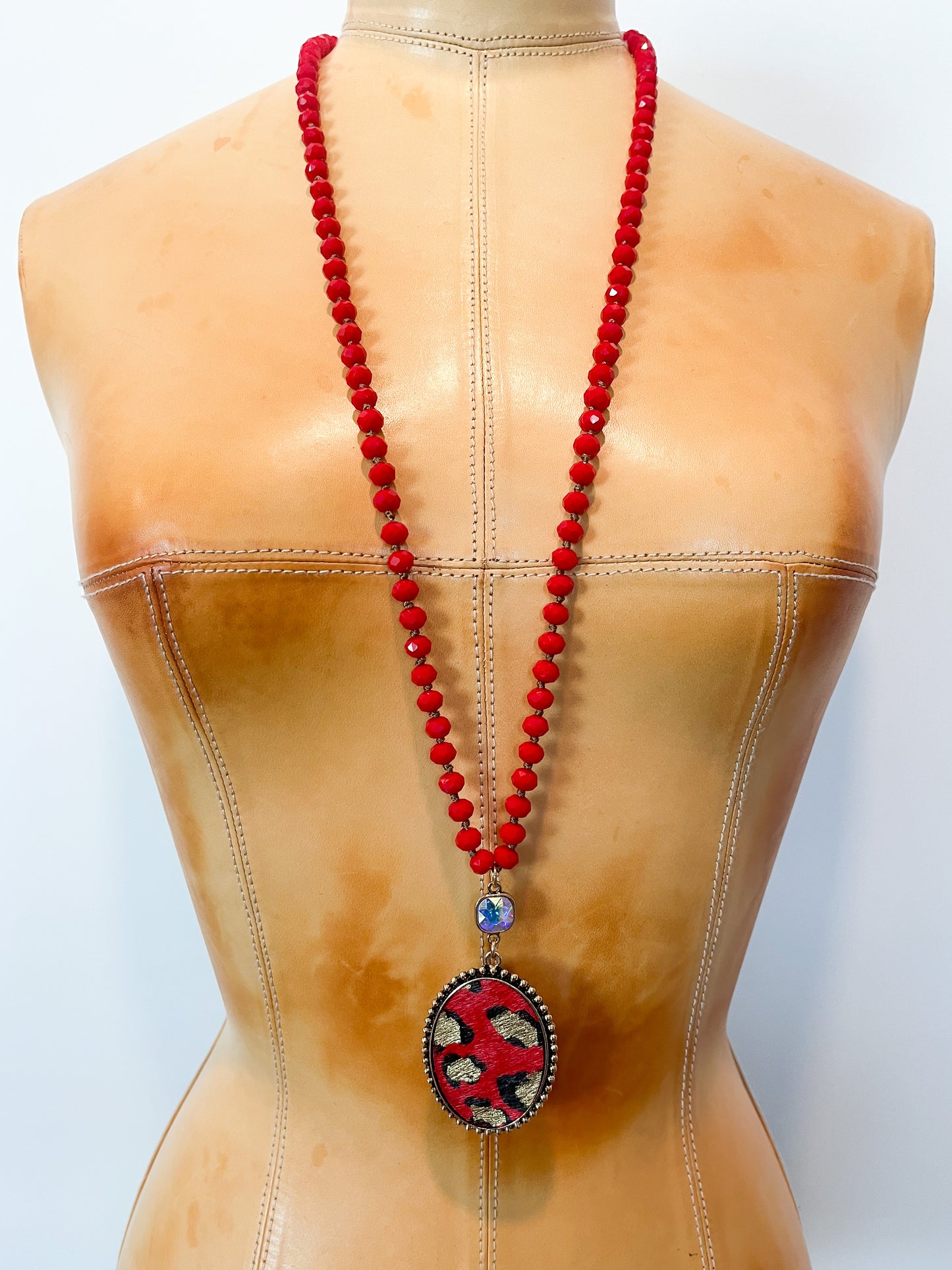 Gold & Red Printed Long Necklace