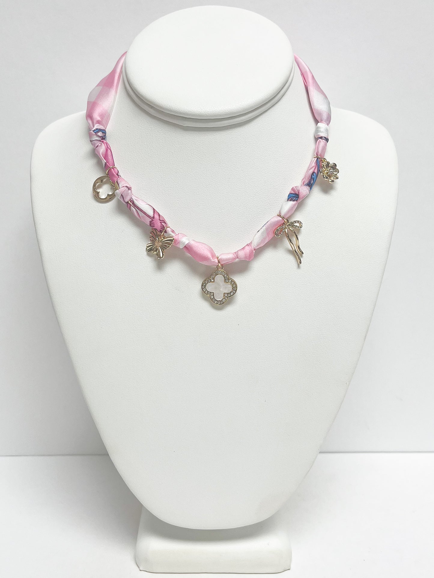 Pink Flower Bow Scarf Necklace