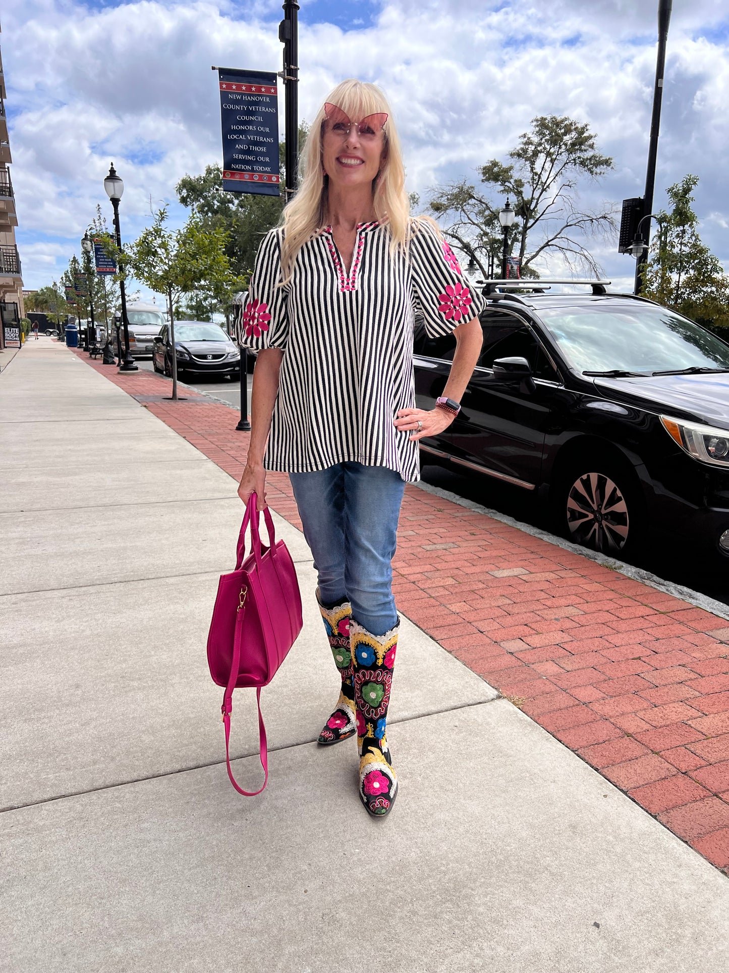 Knitted Striped Floral Sleeve Top