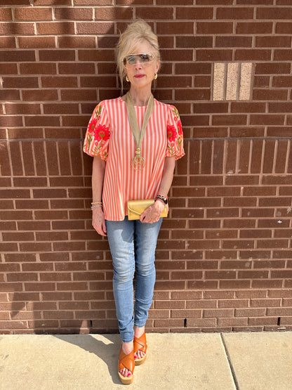 Striped floral sleeve top