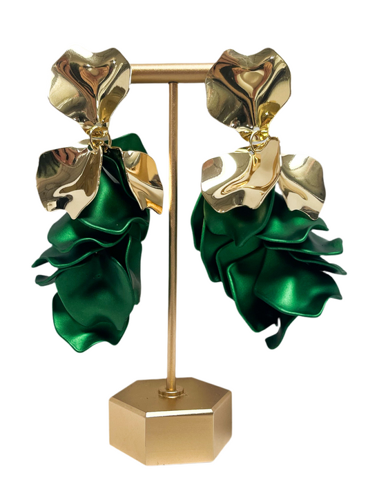 Gold and green petal earrings