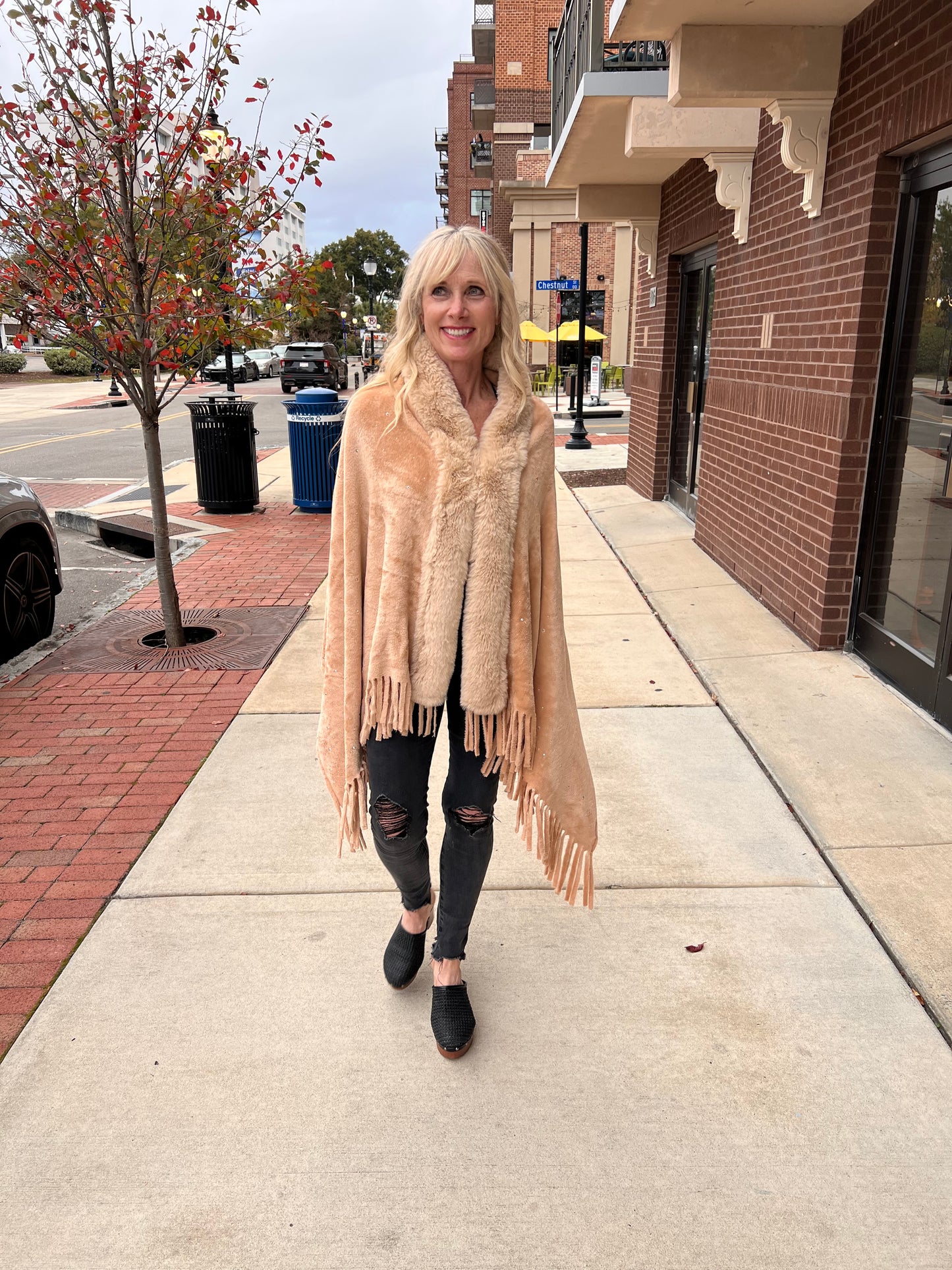 Rhinestone Embellished Fringe Faux Fur Poncho