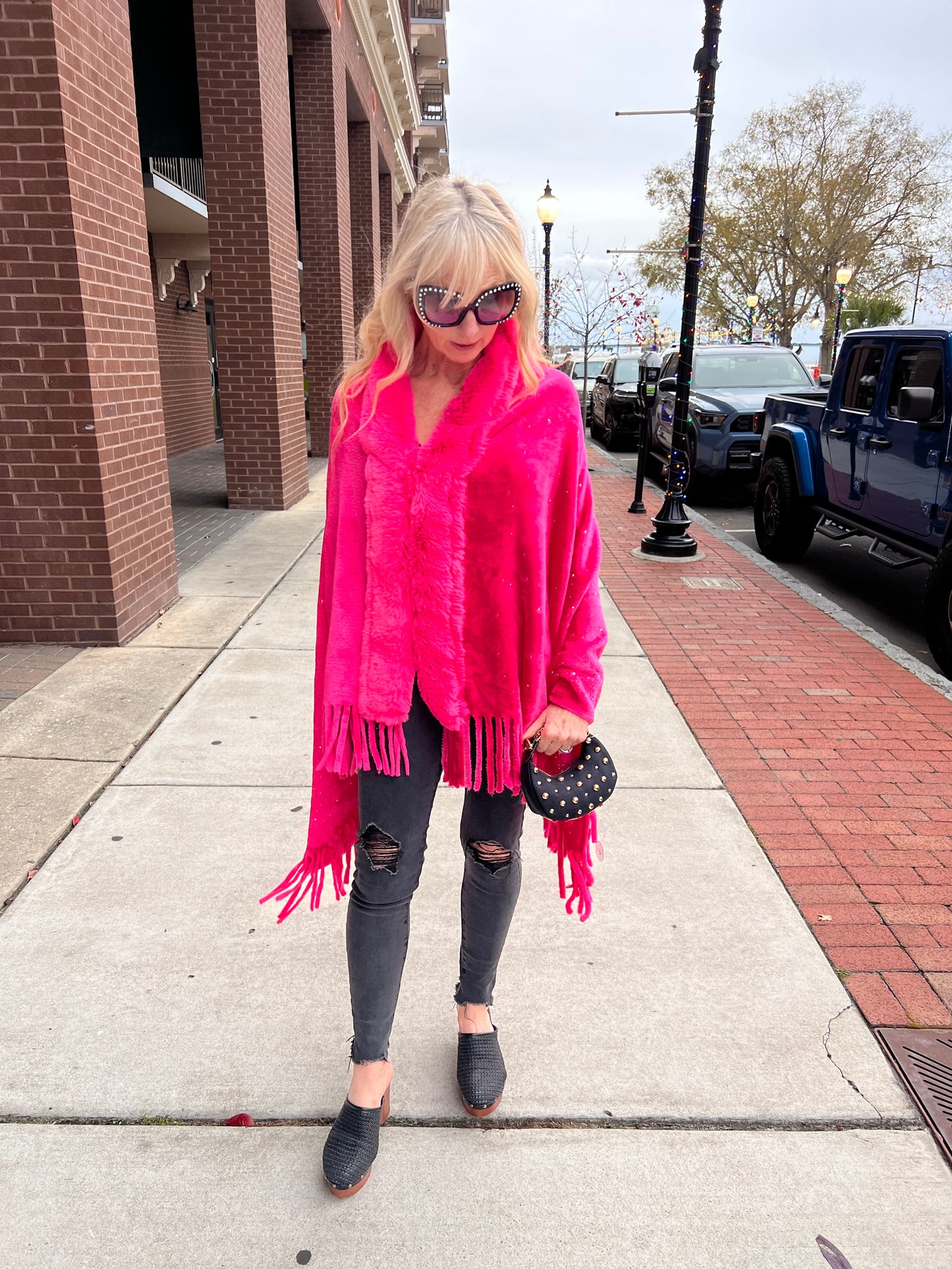 Rhinestone Embellished Fringe Faux Fur Poncho