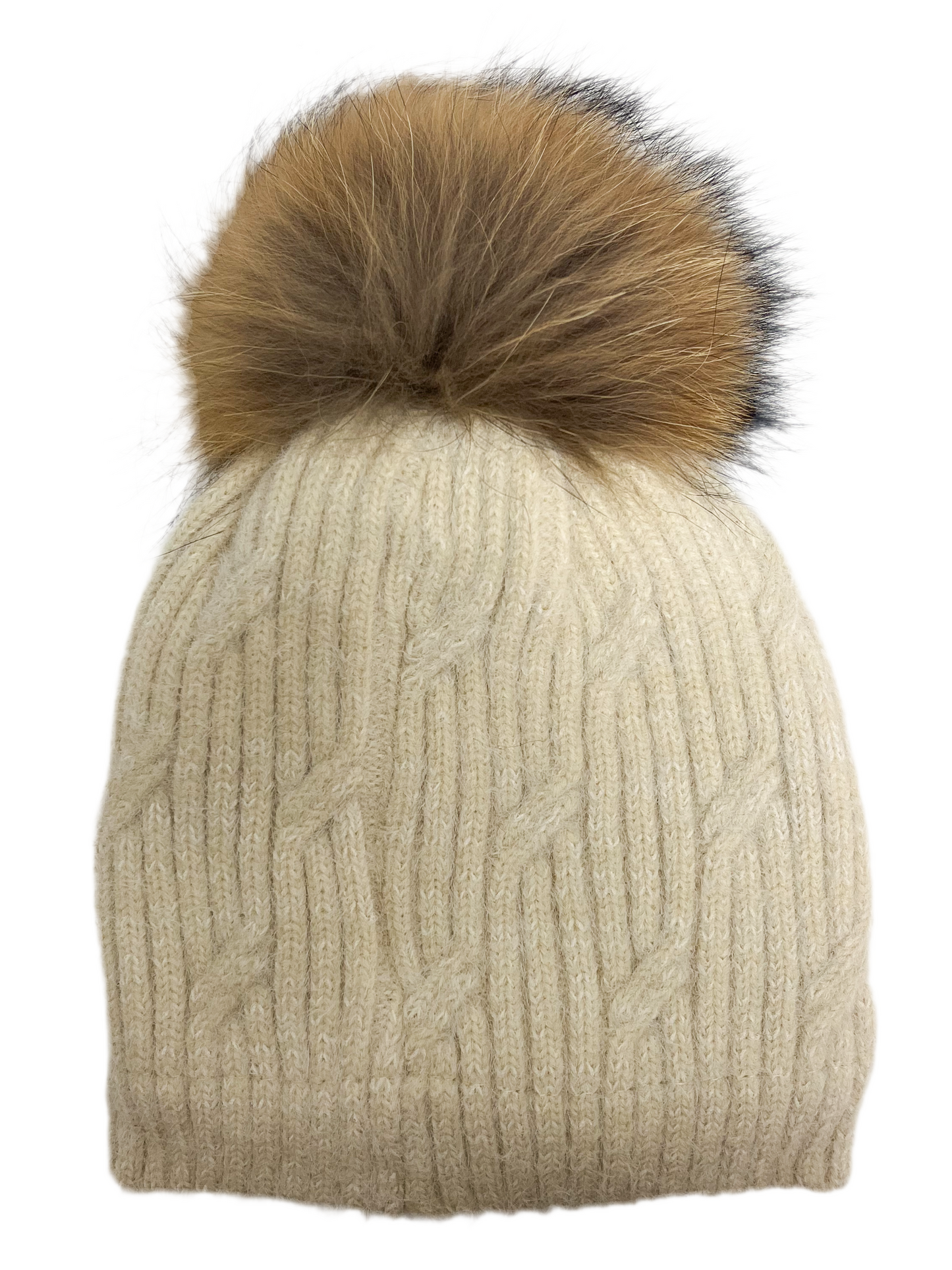 Woven pom pom beanie hat