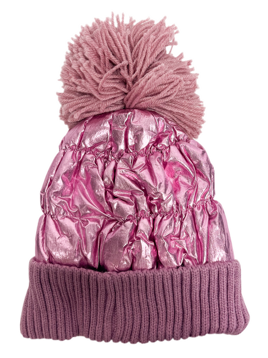 Long fuzzy pom pom puffer beanie hat