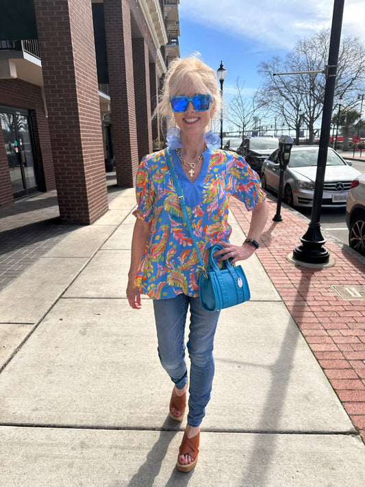 Blue Floral V-Neck Top