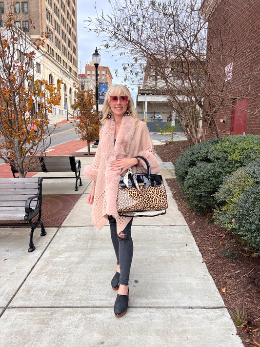 Faux Fur Trim Cape Poncho