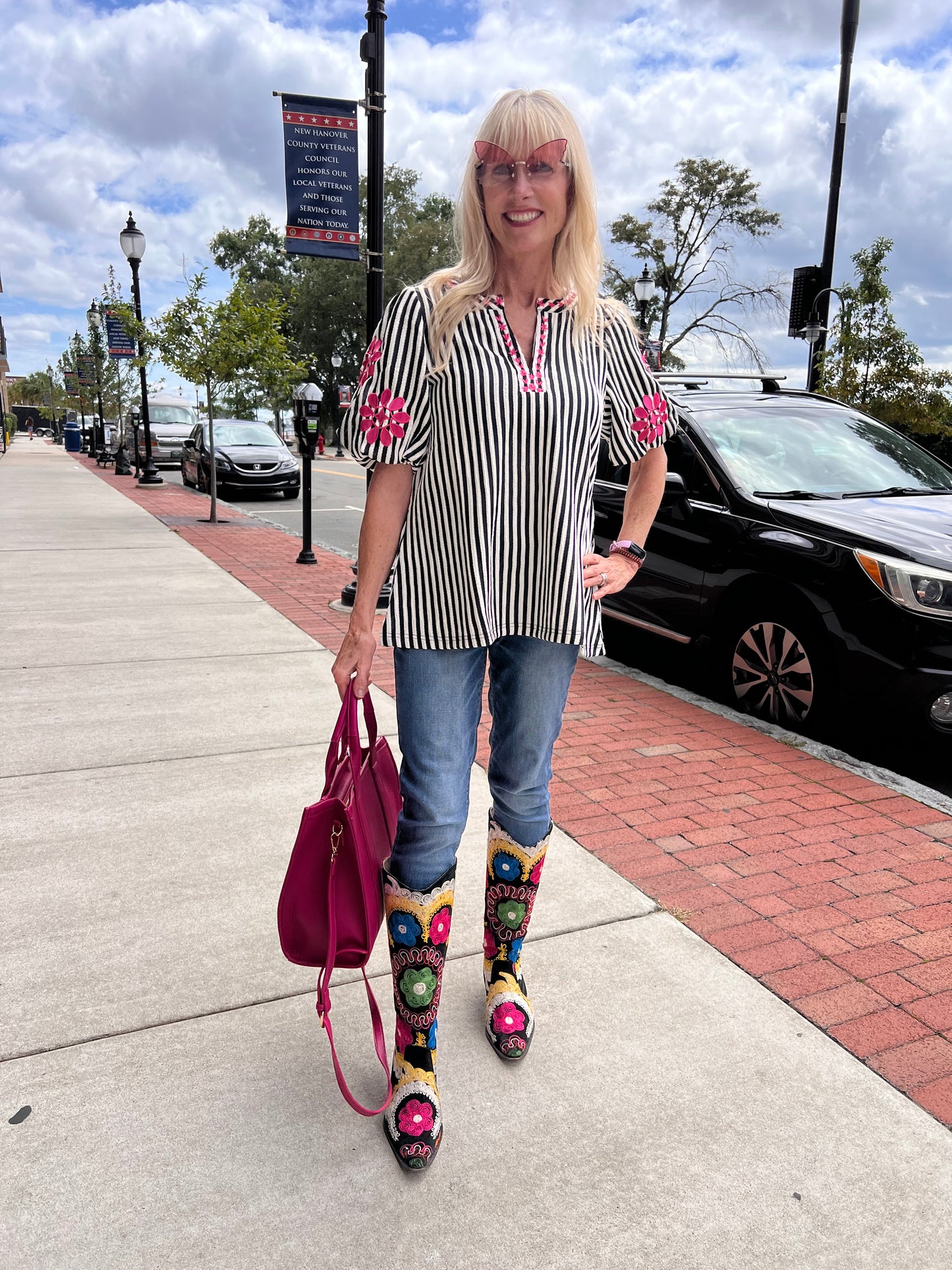 Knitted Striped Floral Sleeve Top