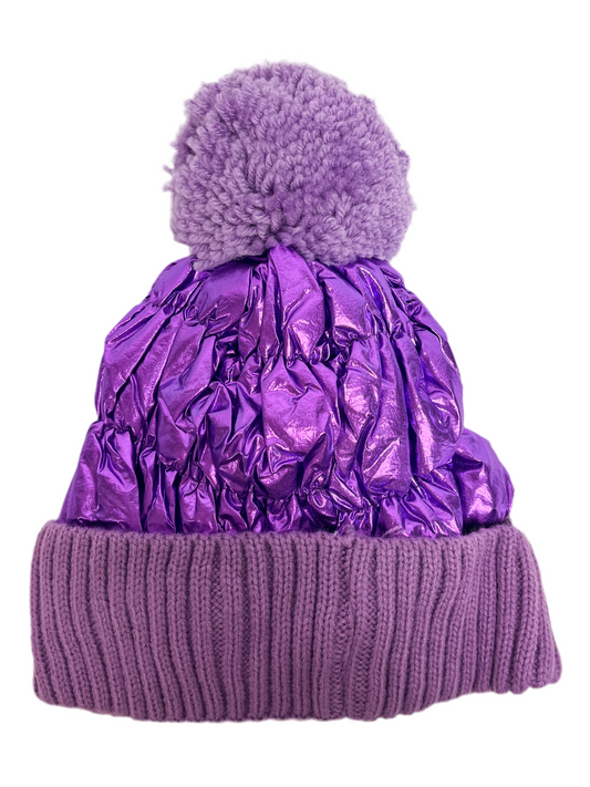 Short pom pom purple puffer beanie hat