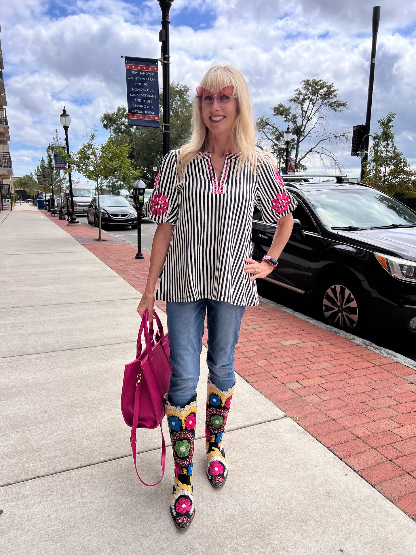 Knitted Striped Floral Sleeve Top