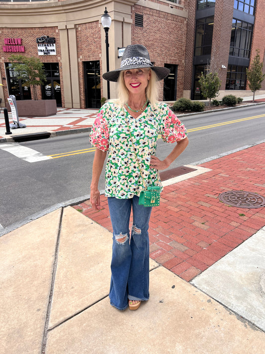 Embroidered Balloon Sleeve Top