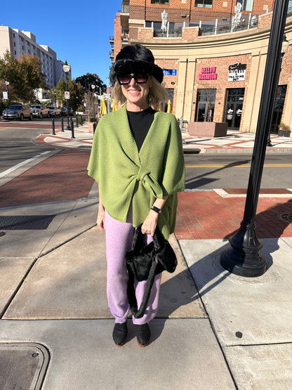 Front Tie Textured Knit Wrap Shawl Poncho