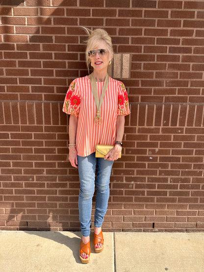 Striped floral sleeve top