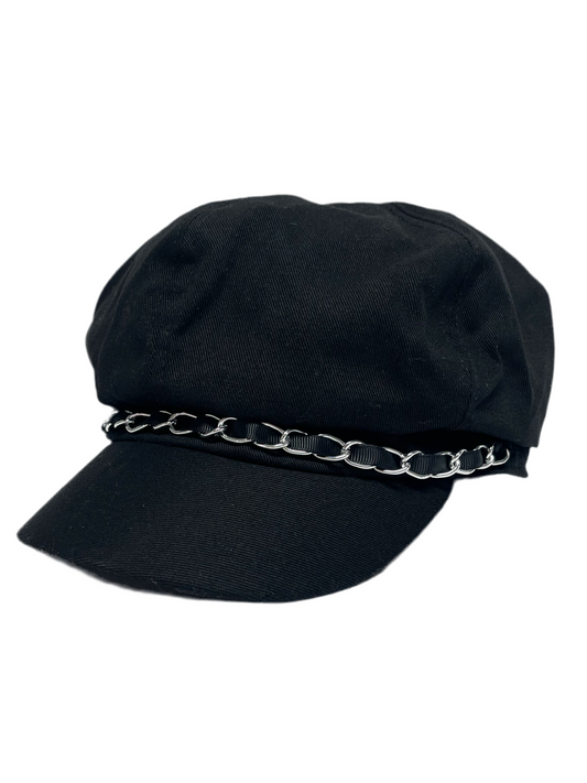 Black Beret Hat w/Silver Link Chain