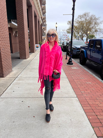 Rhinestone Embellished Fringe Faux Fur Poncho
