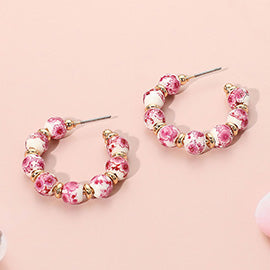 Pink Floral Ceramic Beaded Hoop Earring