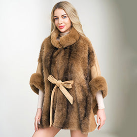 Faux Fur Belted Waist Poncho