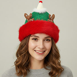 Fuzzy Antler Christmas Beanie Hat