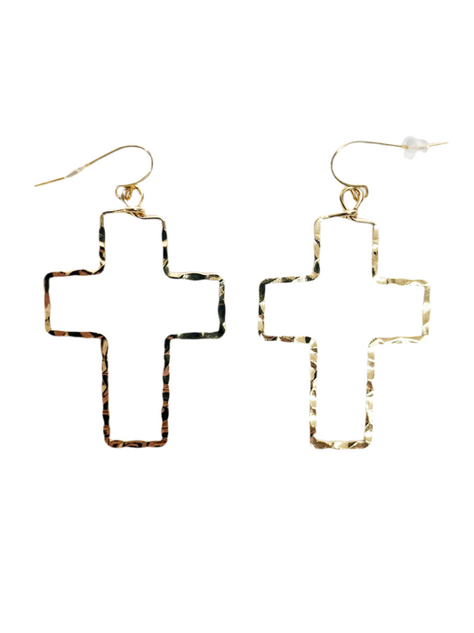 Gold hammered metal cross earrings