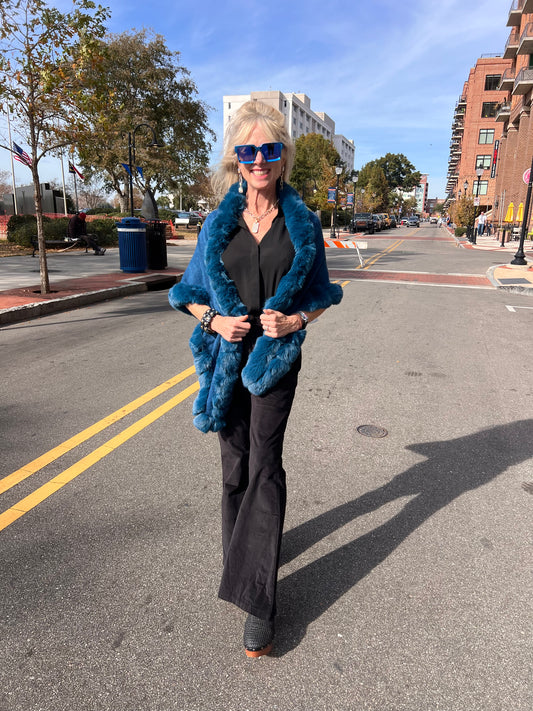 Blue Faux Fur Trimmed Cape