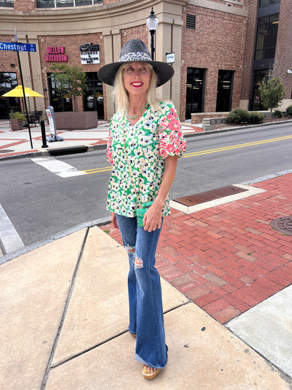 Embroidered Balloon Sleeve Top
