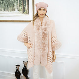 Faux Fur Trim Cape Poncho