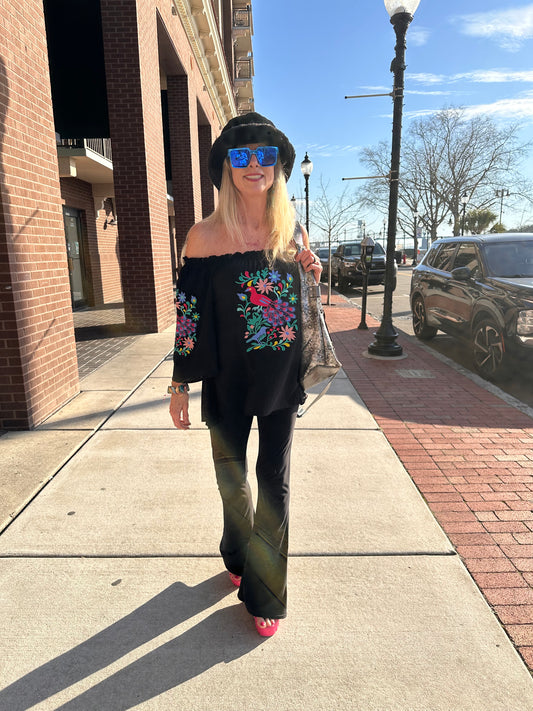 Black Off Shoulder Embroidered Top