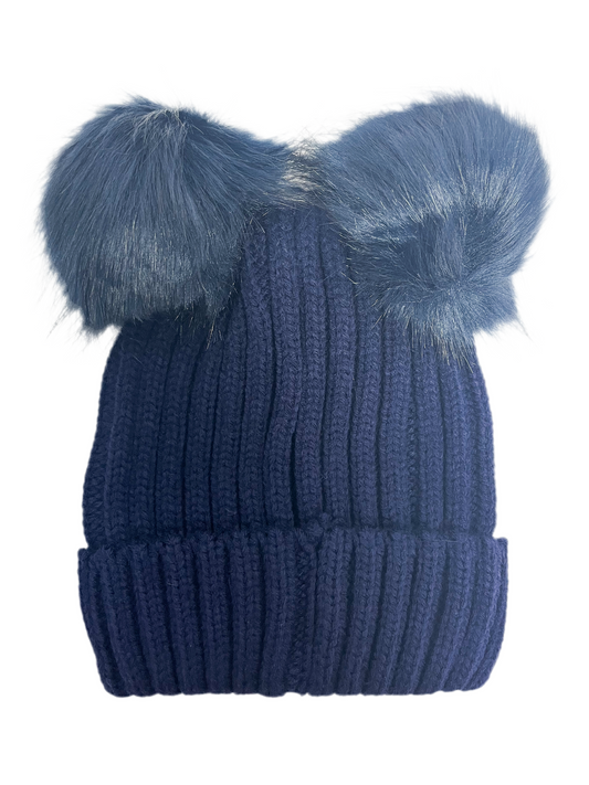 Navy pom pom cuff beanie hat