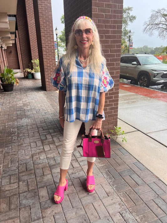 Embroidered Plaid Puff Sleeve Top