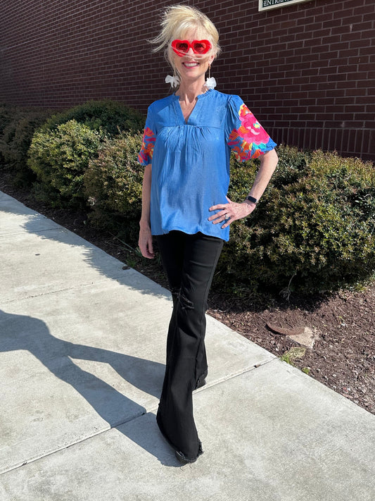 Blue Embroidered Puff Sleeve Top
