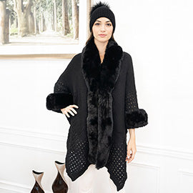 Faux Fur Trim Cape Poncho