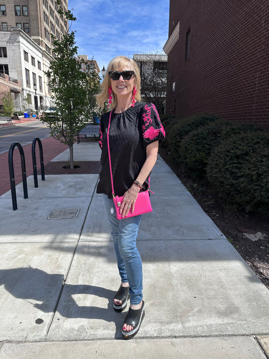 Black Embroidered Puff Sleeve Top