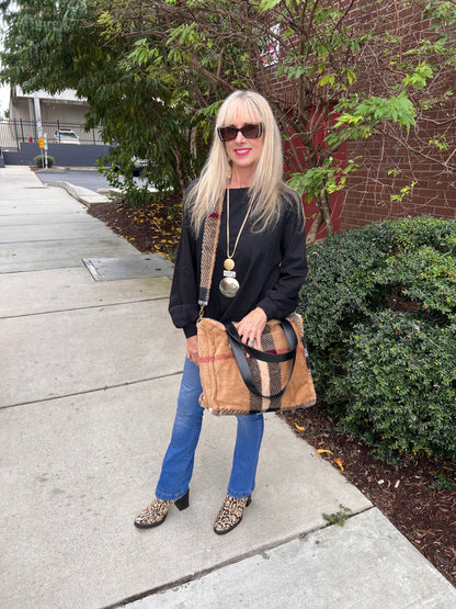 Fluffy Faux Fur Plaid Tote Bag
