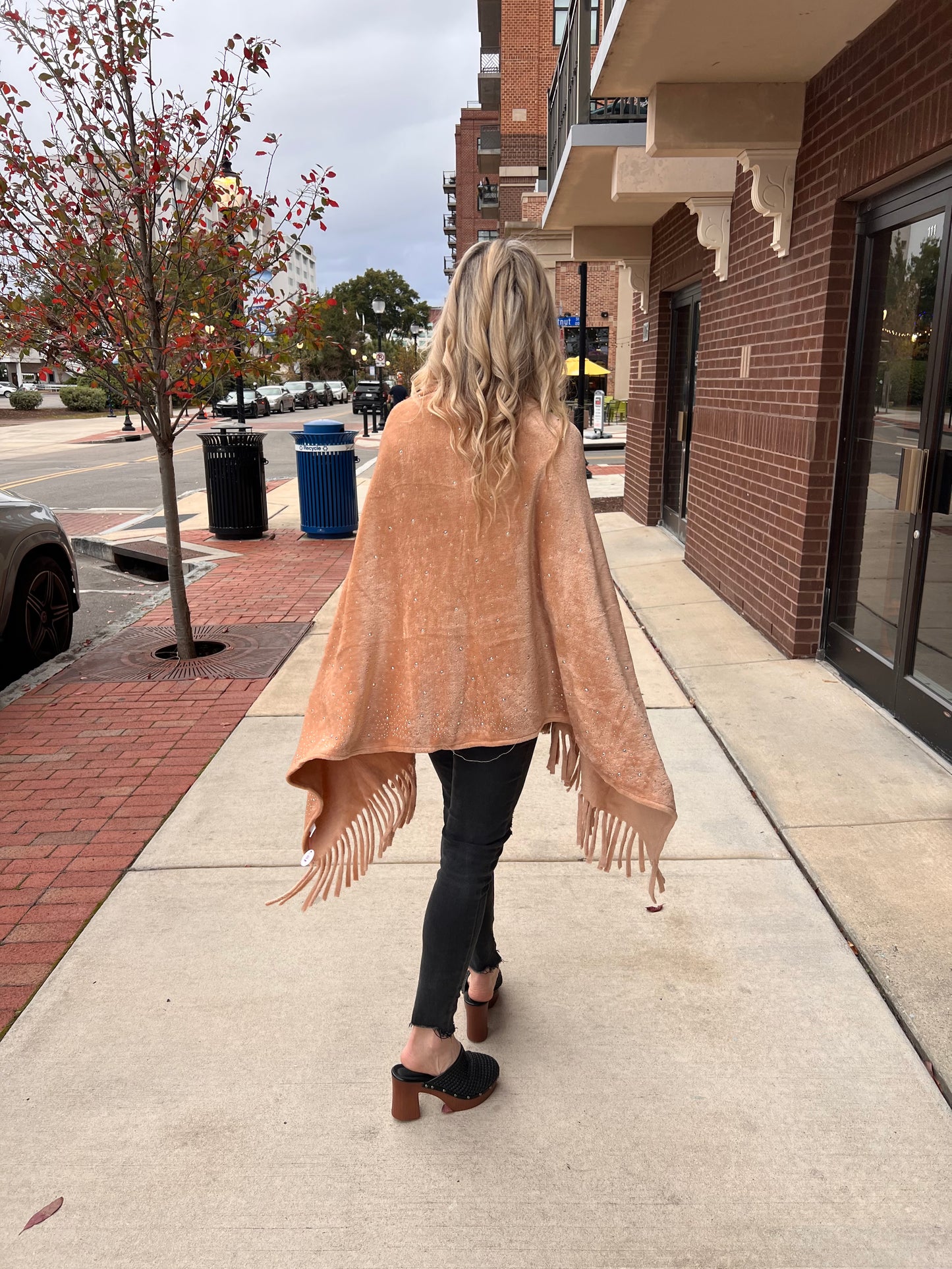 Rhinestone Embellished Fringe Faux Fur Poncho