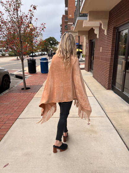 Rhinestone Embellished Fringe Faux Fur Poncho