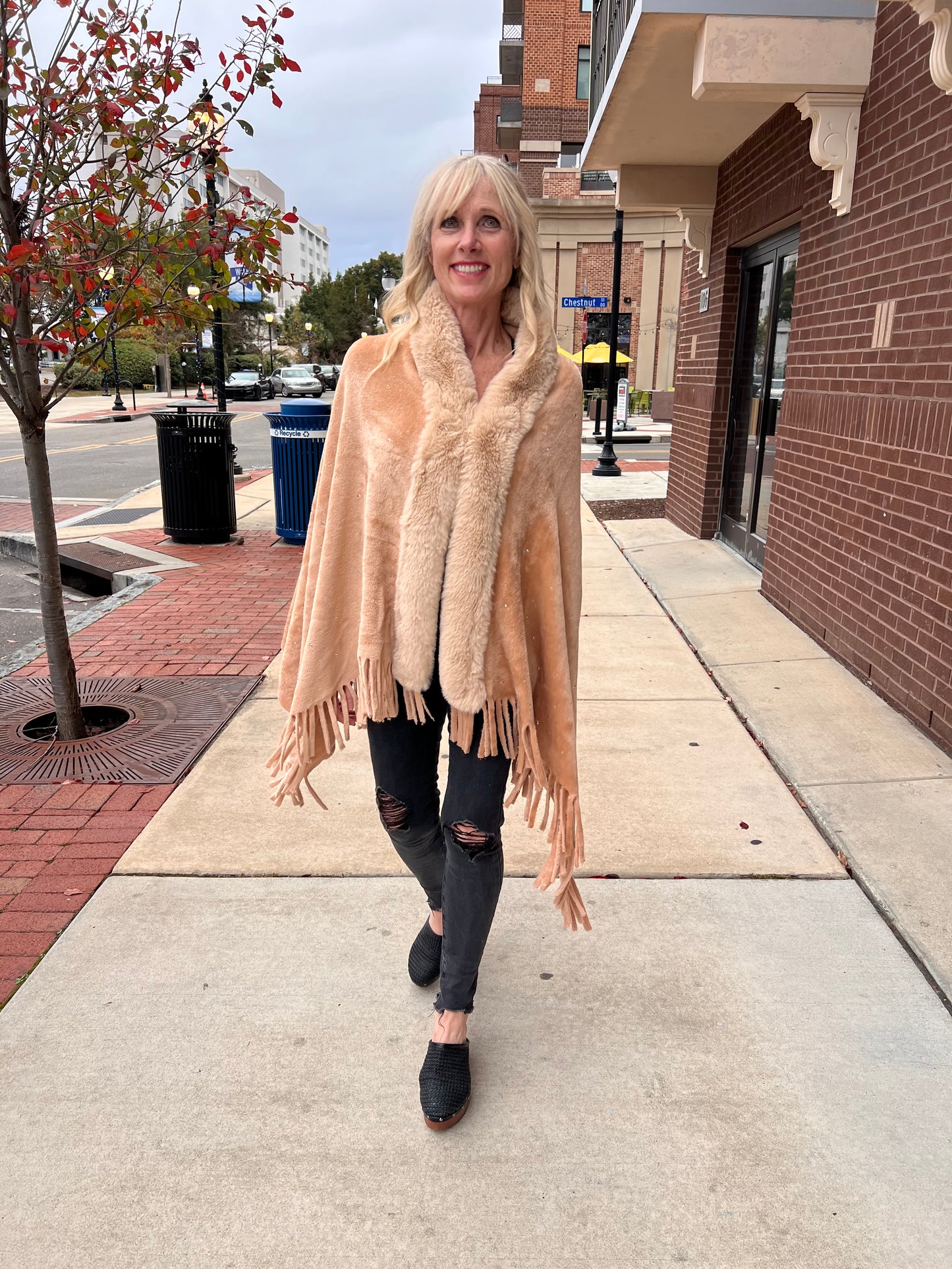 Rhinestone Embellished Fringe Faux Fur Poncho