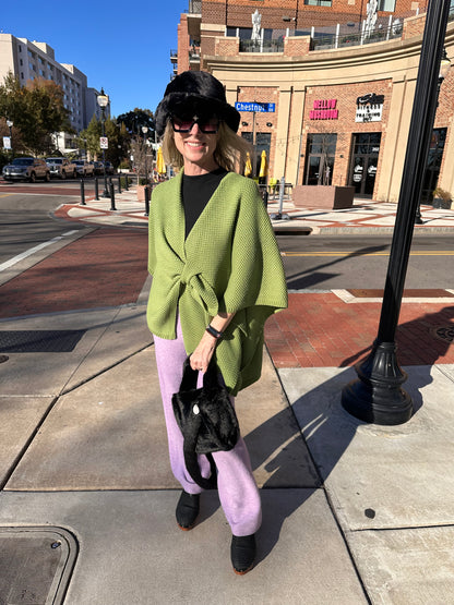 Front Tie Textured Knit Wrap Shawl Poncho